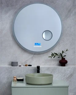 Specchio da bagno con luce LED FIXIN 80 cm 80 cm con altoparlante Bluetooth integrato Argento